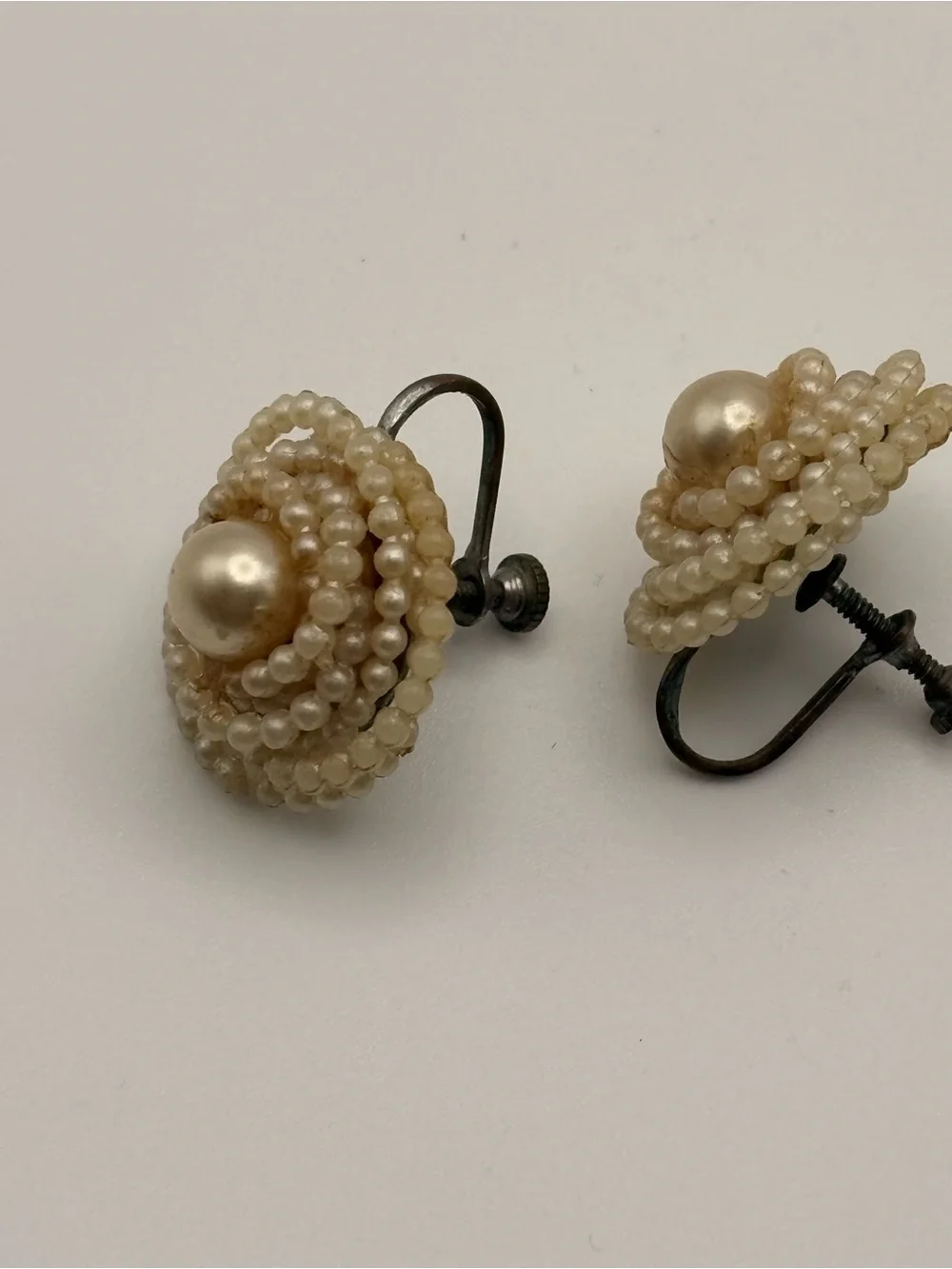 Vintage 1940s 50s Faux Seed Pearl Cluster Screw Back Earrings Bridal